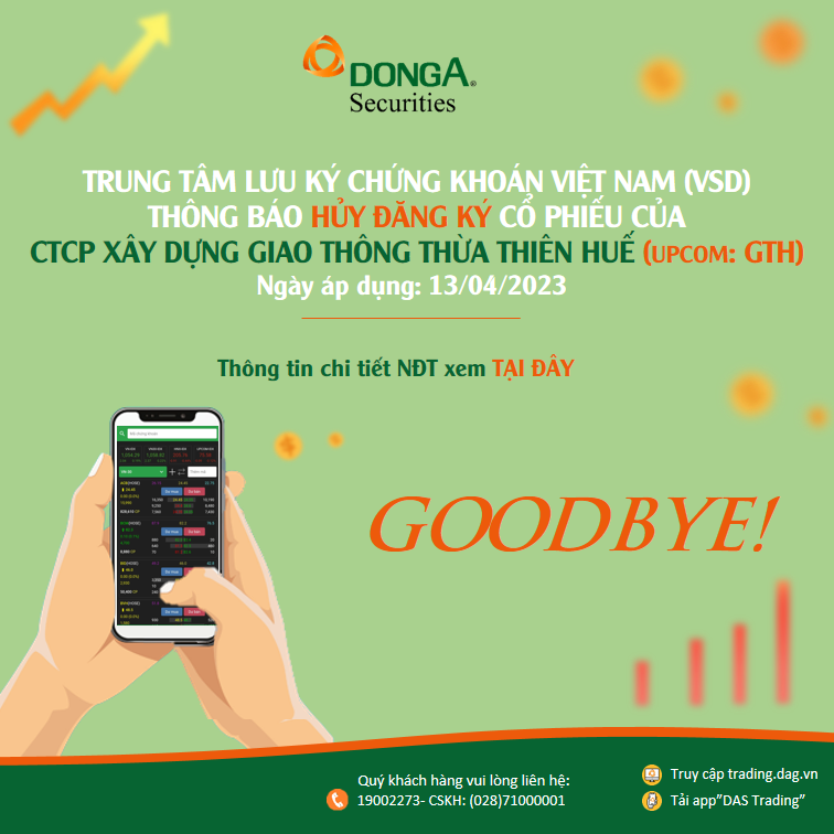 TRUNG TÂM LƯU KÝ CHỨNG KHOÁN VIỆT NAM (VSD)THÔNG BÁO HỦY ĐĂNG KÝ CP CỦA CTCP XÂY DỰNG GIAO THÔNG THỪA THIÊN HUẾ (UPCOM: GTH)