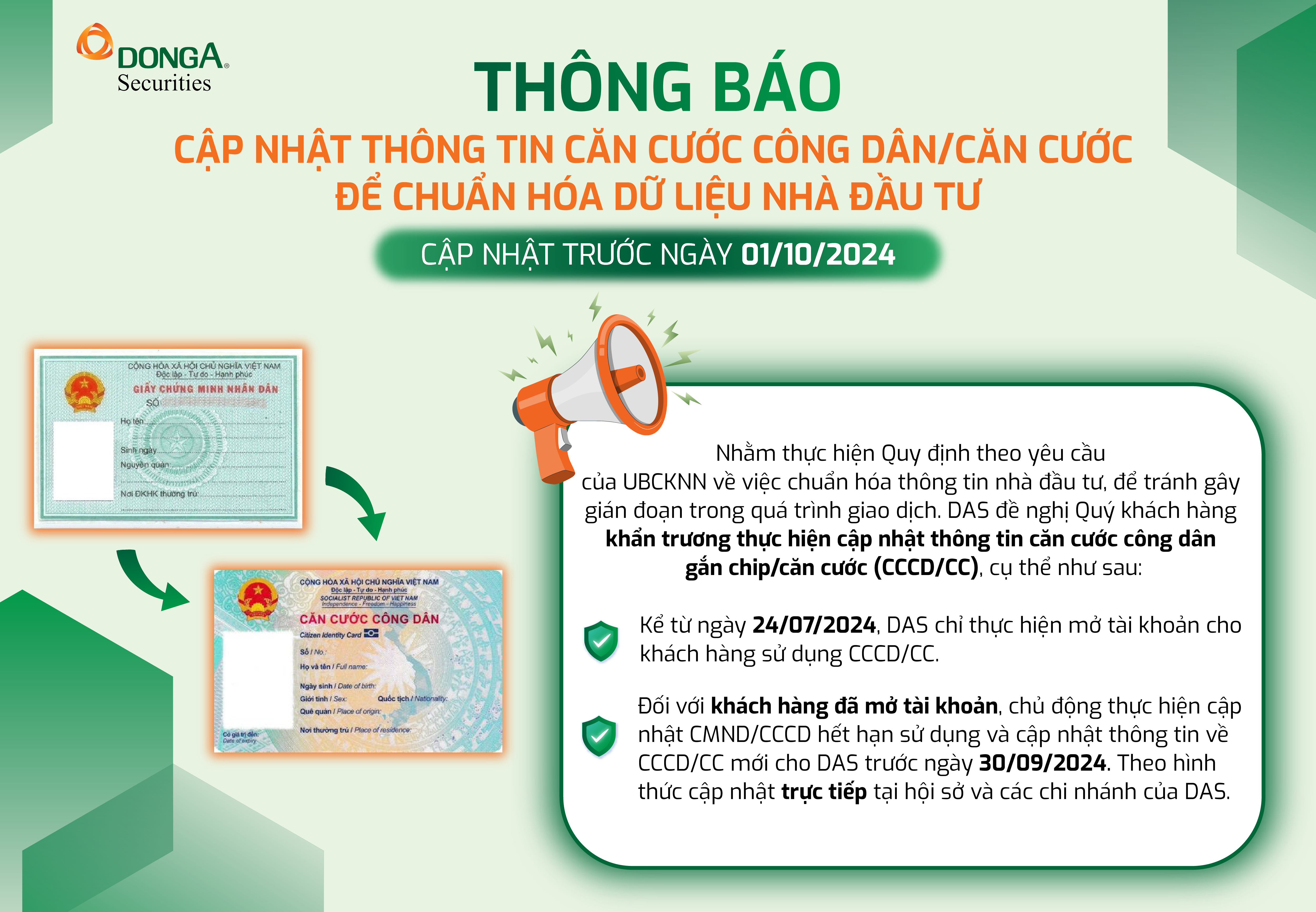 THÔNG BÁO VỀ VIỆC TRIỂN KHAI THỰC HIỆN QUY ĐỊNH VÀ YÊU CẦU CẬP NHẬT THÔNG TIN CĂN CƯỚC CÔNG DÂN/ CĂN CƯỚC ĐỂ CHUẨN HÓA DỮ LIỆU NHÀ ĐẦU TƯ